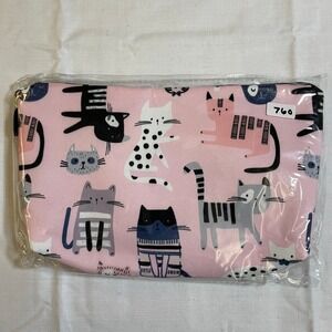 The Pouch Cosmetic Bag Womens OS Pink NWT Cat Print Zipper Travel Makeup Pouch